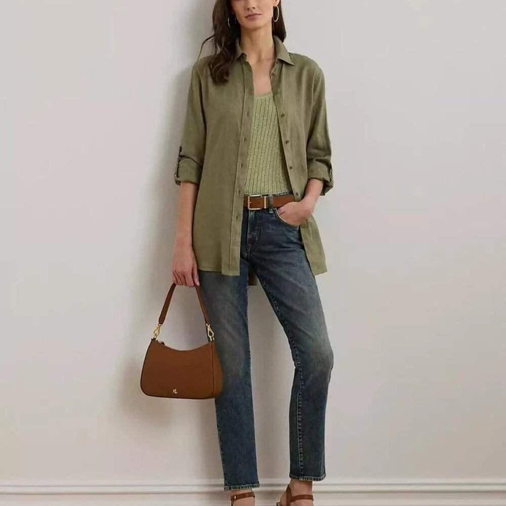 LAUREN RALPH LAUREN metallic rib knit sweater tank top in light olive (XL) - Picture 4 of 9
